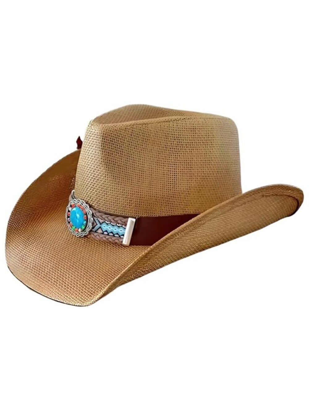 STRAW COWBOY HAT - Light Brown with Turquoise Concho Band (Adult Size)
